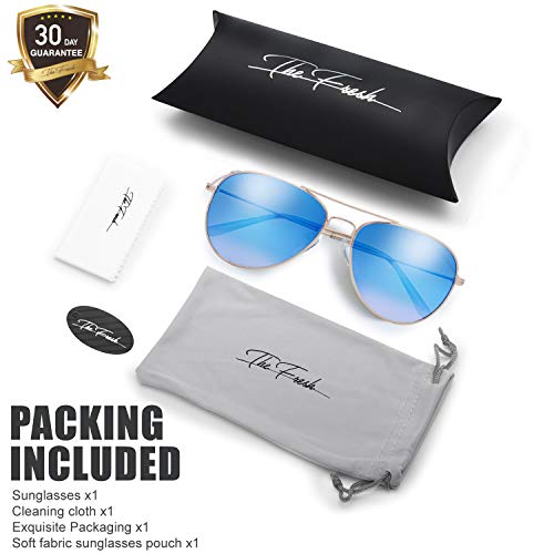Image of The Fresh Classic Aviator Sunglasses for Men Women, Metal Frame Mirror Lens, Pilot Style, Includes Cleaning Cloth, Pouch