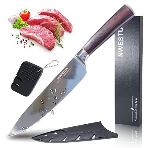 Chef Knife, Premium 8 inch Chefs Knife Hand with Gift Box & Pocket Knife Sharpener High Carbon Steel Meat Cleaver Knife Multipurpose Chef Knives for Home, Outdoor, Camping, BBQ