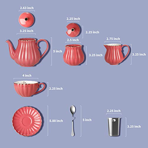 Amazingware Porcelain Tea Set - Tea Cup And Saucer Set Service For 6, With 28 Ounces Teapot Sugar Bowl Cream Pitcher Teaspoons And Tea Strainer - For Thanksgiving - Pumpkin Fluted Shape, Red #TOP1