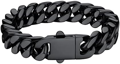 12mm Black Metal Filled Chunky Miami Cuban Chains Bracelets Hip Hop Punk Jewelry Stainless Steel Big Heavy Long Curb Cuban Link Chain Bracelet for Men & Women 23cm/9.1Inch