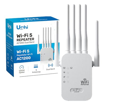 UchiTech   Repetidor WiFi 1200 Mbps, Amplificador de Señal WiFi de Largo Alcance 2,4/5 GHz con 6 Antenas, Extender up to 120 m2, Configuración Sencilla de WPS, para Hogar y Oficina Pequeña