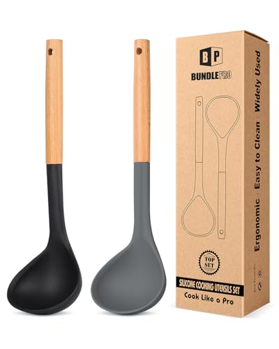 Pack of 2 Soup Ladle, Silicone Ladle Spoon with Wooden Handle, Large Non Stick High Heat Resistant Kitchen Utensils for Cooking, Stirring, Serving Soups(BLACK-GRAY)