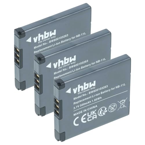 vhbw 3X batería Compatible con Canon IXUS 185, 165, 275 HS, 160, 320 HS, 245 HS, 240 HS, 190, 265, 170, 157 cámara (500 mAh, 3,7 V, Li Ion)