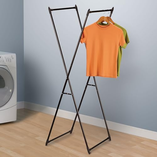 Image of Household Essentials Valet Folding Clothes Rack, Strong Metal X-Frame, Chic Design, Great for Guest and Dressing Rooms, Portable and Easy to Use, Folds Flat, Antique Bronze