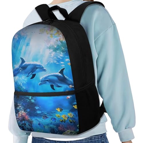 School Backpack for Kids Girls 8th Grade 17 Inch Middle Elementary School Bookbag for Teens Children Kawaii Backpacks with Zipper Front Pocket Fish&Dolphin Print4