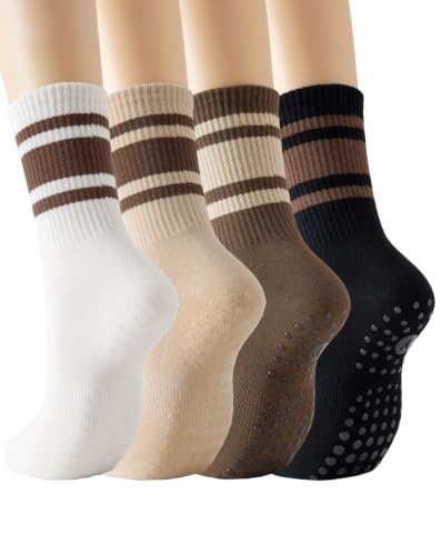Yawlsow Pilates Grip Socks for Women (US, Alpha, One Size, Regular, Regular, All Brown + Khaki Brown + Brown Khaki + Black Brown)