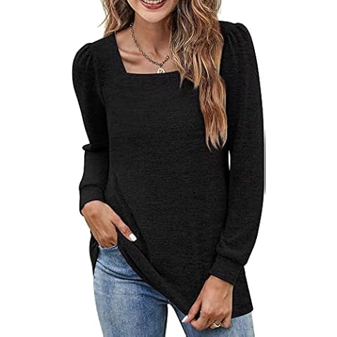 NEYOUQE Langarmshirt Damen Pullover Einfarbig Quadratischer Kragen T Shirt Damen Loose Casual Sweatshirt Longsleeve Damen Schwarz XL 48-50 Cover