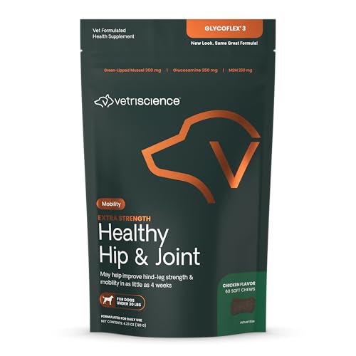 VetriScience-Glycoflex-3-Clinically-Proven-Hip-and-Joint-Support-Supplement-for-Small-Dogs-Maximum-Strength-Dog-Supplement-with-Glucosamine-MSM-Green-Lipped-Mussel-DMG-60-ChewsChicken-Flavor