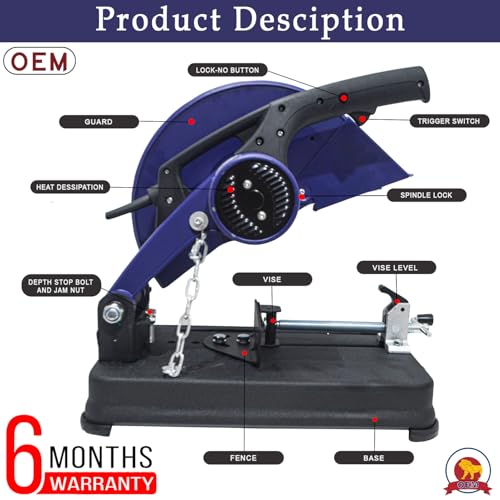Image of OEM Professional Metal Cut Off Saw 2400W, 14 Inch Heavy Duty Chop Saw Machine with Copper Motor & Blade Included, 3800 RPM Heavy Build for Iron, Steel & Pipe Cutting, 6 Month Warranty