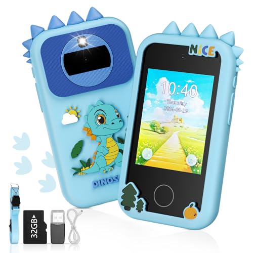 Aoykkii Smartphone Teléfono para Niños,Juguete móvil para niños 2.8" Pantalla,teléfono para niños con Reproductor de MP3,cámara Dual, Pantalla táctil HD 1080P HD y Juegos 32GB SD (Dinosaurios)