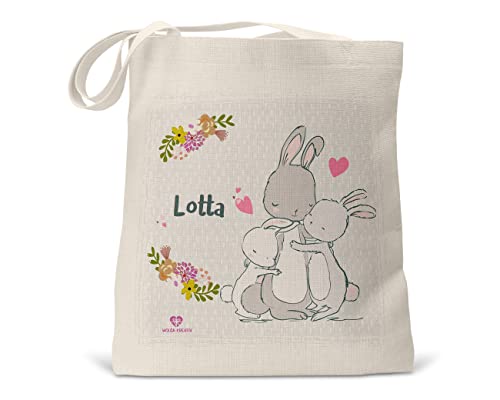 wolga-kreativ Stofftasche Einkaufstasche 100% Bio BW Hasenfamilie mit Name Stoffbeutel Kindertasche Sportbeutel Cover