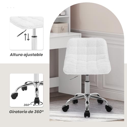 Miniatura 4 de Woltu Silla De Oficina, Taburete Tocador Giratorio, Silla Ergonómica Escritorio Con Respaldo, Taburete Bajo Con Asiento Ajustable De Altura, Asiento Tapizado En Tela, Blanco