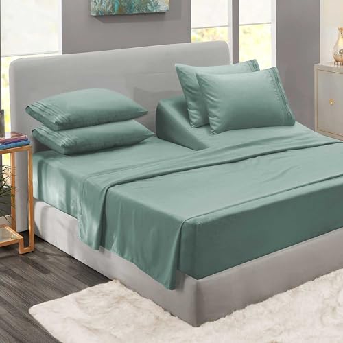 Clara Clark Flex Top King Sheets - Hotel Luxury 6 Piece Bed Sheets for Top Split King Bed - Soft Bedding Sheets & Pillowcases, Head Split King Size. New Sage Green