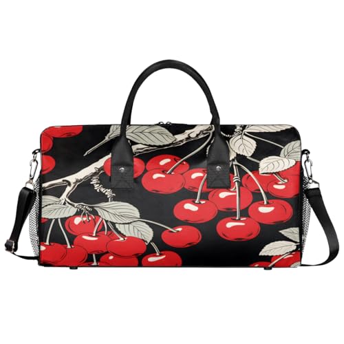 Vintage Red Cherry Travel Duffle Bag for Women Men Foldable Waterproof Weekender Bag Carry on Tote for Overnight Sports Gym Cherry