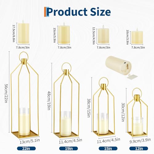 Set of 2 Decorative Gold Candle Lanterns with Remote, 12" & 15" Metal Lanterns with Flameless LED Candles, Battery Operated Hanging Lanterns for Home Decor, Wedding Centerpieces, Christmas, Patio by SierraSquad - Image 4