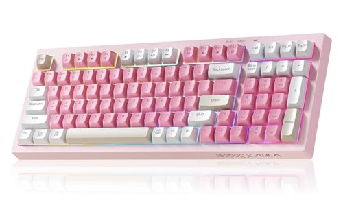 Image of LEOBOG x Aula Pink Keyboard, Wireless Gaming Keyboard Silent Computer Keyboards Creamy Color Membrane Keyboard with Number Pad Cute Quiet RGB Backlit Tri-Mode BT /2.4GHz /USB-C