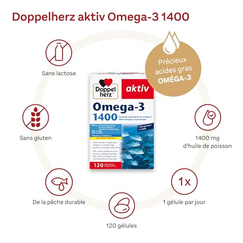 Doppelherz – Omega-3 1400 – Teneur élevée en acides gras Oméga 3 EPA et DHA & vitamine E – Pour la bonne fonction cardiaque – Huile de poisson de mer – 120 gélules – Image 3