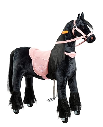 Ponnie - Ebony Children's Riding Horse, 5-12 Years, Mechanical Friesian Large Horse on Wheels, Removable Saddle, Combable Mane, Adjustable Footrests