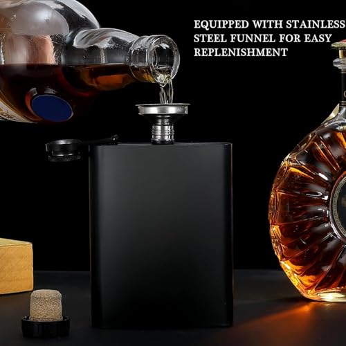 Image of Hip Flask 8oz, Flasks for Men with Funnel, Whisky Alcohol Black Mat 304 Stainless Steel 100% Waterproof, Portable Pocket Personalised Groomsmen Gifts Bar Party Drinking