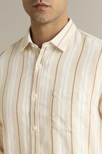 Image of Peter England Men's Linen Blend Shirt | Subtle Stripes | Full Sleeves