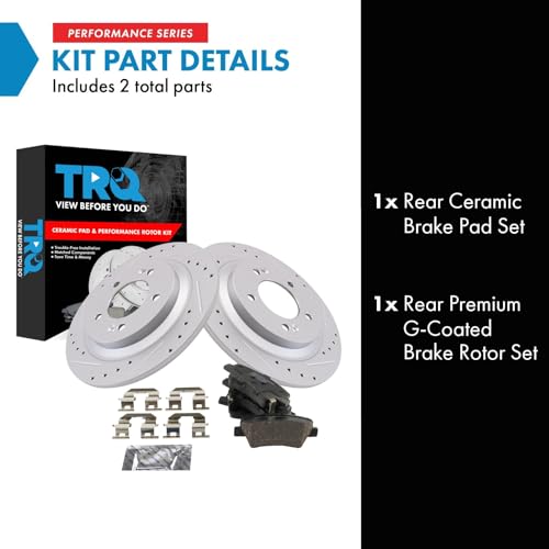 Image of TRQ Performance Rear Brake Pad and Rotor Set Ceramic Drilled Slotted G Coated Rotors Compatible with 2018-2020 Hyundai Elantra GT 2016-2019 Sonata 2016-2020 Kia Optima 2016-2019 Soul EV