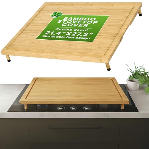Prosumers Choice Bamboo Stove Top Cover Board - Versatile Wooden Cutting Board for Kitchen with Adjustable Legs and Juice Grooves- Large Surface and Durable for Stoves 27.2 x 21.4 x 3.1 Inches