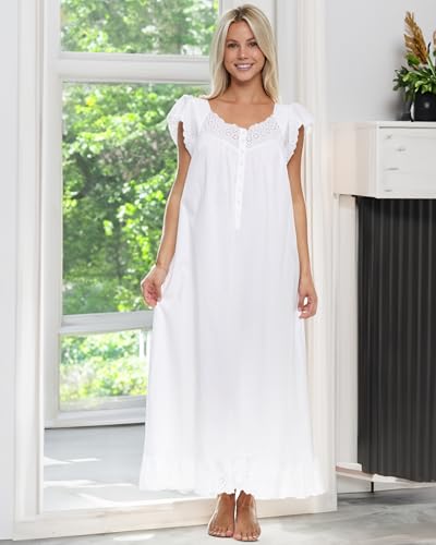 Alexander Del Rossa Long White Cotton Nightgowns for Women, Summer Nightgowns for Women Soft Cotton2