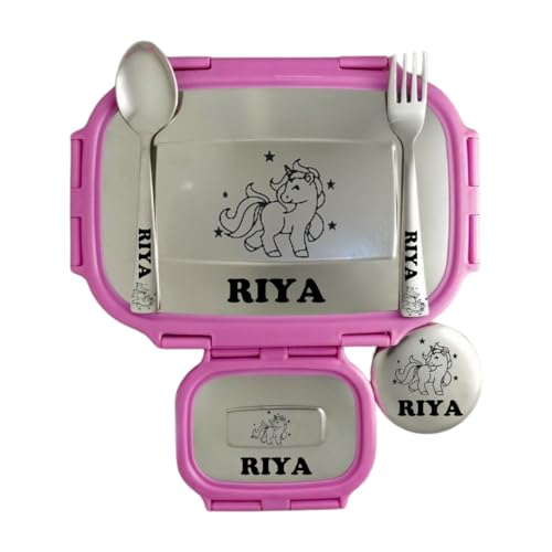 Image of ncgifts Personalized Tiffin Box | Customized Lunch Box | Personalized Stainless Steel Tiffin Box | Your Child's Name and Favourite Character Engraved | for Scholl Students (Pink)