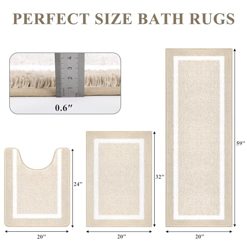 Pauwer Bathroom Rugs Sets 3 Piece Bathroom Shower Rugs with U-Shaped Contour Toilet Mat Absorbent Microfiber Plush Bath Mats Non Slip Bath Rugs Machine Washable Shaggy Bath Floor Mats, Light Beige