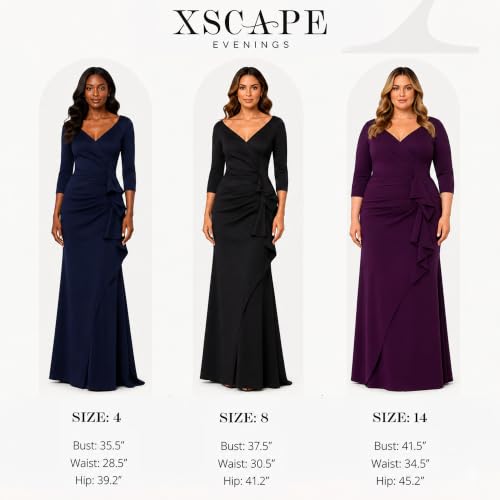 Image of Xscape Women's Long Boat Neck Bodycon Evening Gown with 3 /4 Sleeves, Side Ruching, & Cascading Ruffle