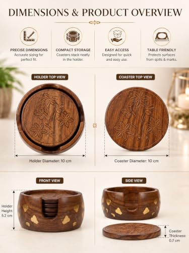 Image of Premium Wooden Coasters for Drinks Set of 6 - Solid Wood Coasters with Holder | Round Table Coasters for Coffee Table, Bar, Kitchen & Office | Perfect Housewarming & Gift
