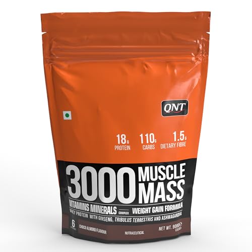QNT 3000 Muscle Mass Weight Gainer | 18g Protein, 1.5g Creatine, 110g Carbs | 908g, Choco Almond | Enriched with Ashwagandha, Ginseng & Tribulus | Supports Muscle Growth & Recovery