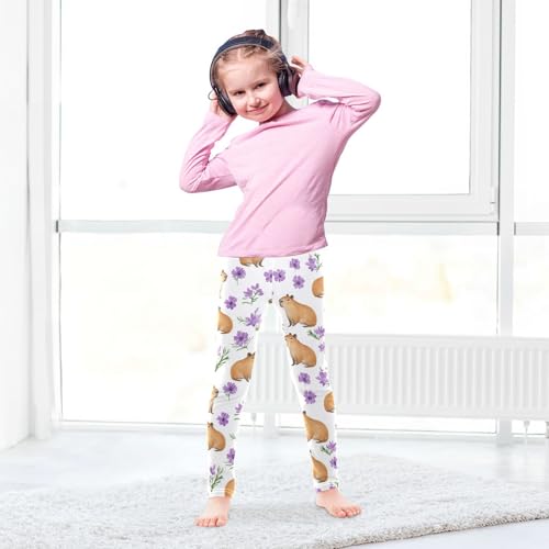 Capybaras Girls' Leggings Toddler Doodles Purple Flowers Kids Yoga Pants Dance Active Tights 4T4