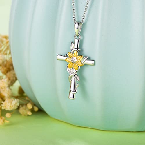Cross Necklace for Women Sunflower Cross Necklace 925 Sterling Silver Dainty Sunshine Pendant for Women Mom Sunflower Gifts for Women3