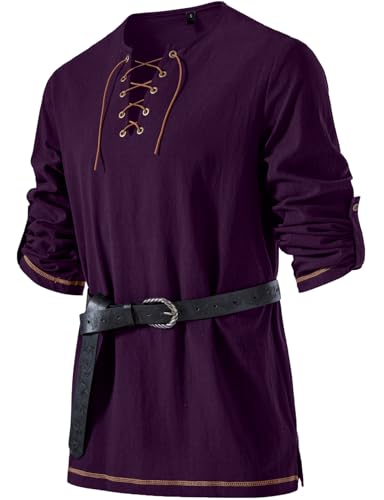 Image of JEMITOP Men's Pure Cotton Vintage Lace Up Shirts for Pirate Renaissance Viking Medieval Costume Without Belt