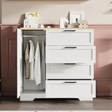 IDEALHOUSE 43.3'' H Armoire Wardrobe Closet with 4 Drawers and Hanging Rod, Multifunctional Wood 4 Drawers Dresser with Storage Closet, Clothing Storage Cabinets for Bedroom, White + Brown
