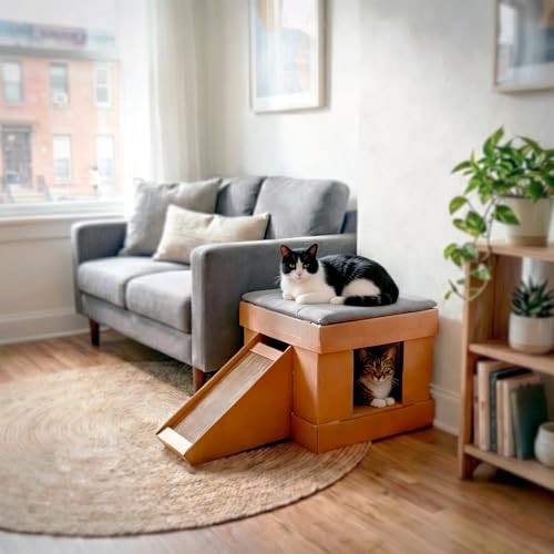 Casa para Gato com 2 Arranhadores e Rampa – Toca 2 em 1 Modelo Kubo com Almofada