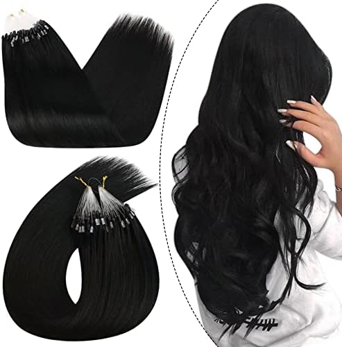 Ugeat Micro Loop Hair Extensions 24inch Micro Bead Hair Extension Remy Hair 1g/Strand Micro Link Human Hair Extensions 50Gram Color #1 Jet Black Micro Ring Real Human Hair Extensions