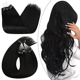 Ugeat Micro Loop Hair Extensions 16inch Micro Bead Remy Hair Extension 1g/Strand 50g Micro Loop Ring Human Hair Extensions #1 Jet Black Real Human Hair Micro Link Extensions