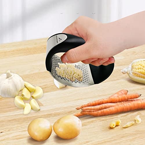 Garlic Press Crusher Rocker | Stainless Steel Garlic Press Mincer And Crusher Set With Bonus Drawstring Bag | Includes Garlic Crusher, Silicone Garlic Peeler And Brush | By Lah Kitchen #TOP5