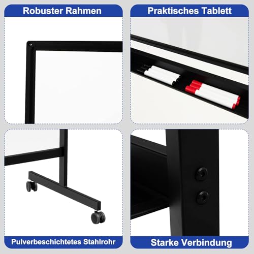 FANTASK Pizarra blanca móvil de 120 x 60 cm, pizarra blanca magnética de doble cara con soporte y ruedas, borrado en seco - imagen 6