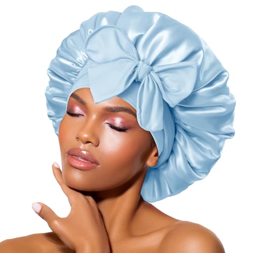 Image of BONNET QUEEN Silk Satin Bonnet for Sleeping Women Adjustable for Curly Hair Tie Band Night Sleep Hat Cap Loc Soft Elastic M Azul