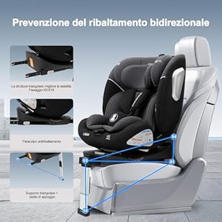 Seggiolino Auto i-Size ISOFIX Rotazione 360°, 40–150 cm (0–12 Anni), Gamba di Supporto, Protezione Laterale Anti-Impatto, Omologazione ECE R129 (nero)