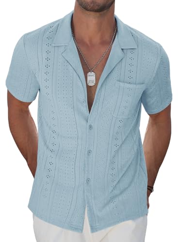 TUREFACE Men's Blue Summer Beach Shirts Button Up Short Sleeve Hawaiian Vacation Shirts
