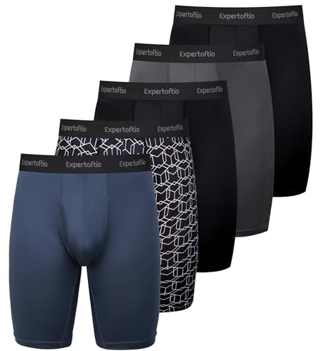 Expertoftio Mens Underwear 9 Inch Long Leg Boxer Briefs for Men Performance Moisture Wicking Pack of 5 Anting Chafing Fly Blue Pattern M