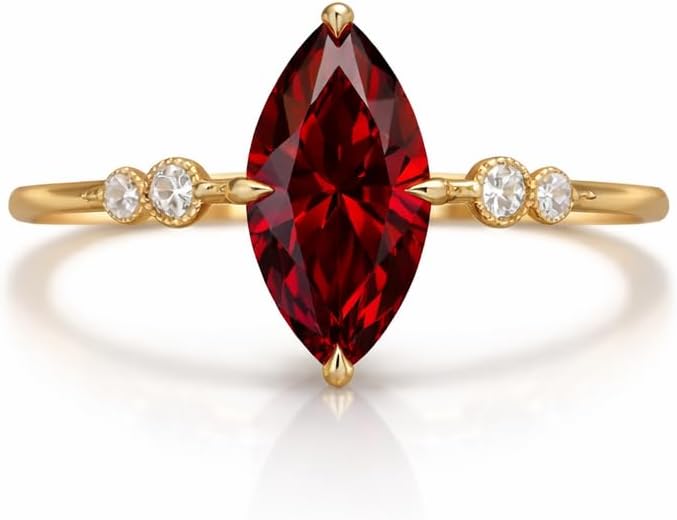 Marquise Cut Red Ruby Engagement Ring for Women 14K Yellow Gold Solitaire Ring with CZ Diamond Accent Side Stones Vintage Style Proposal Wedding Promise Jewelry Gift for Her
