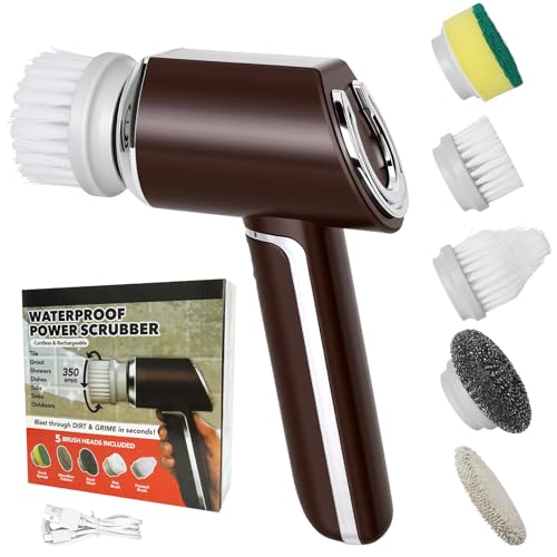 Monemey Spazzola Elettrica Per Pulizia, Spazzolino Elettrico Con 5 Testine e USB Ricaricabile, Spazzola Domestica Pulizia Casa, Batteria da 2000 mAh e 350 Giri/Min, Spazzolone Per Bagno Cucina Auto