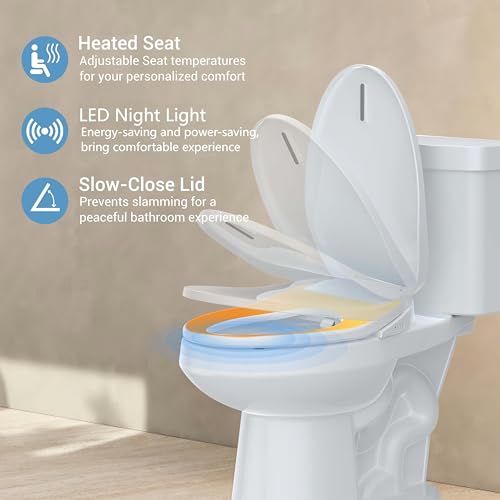 Electric Bidet Toilet Seats, Heated Seat with Warm Water, Night Light, Slow-Close Lid, Self-Cleaning Nozzles, Easy Installation