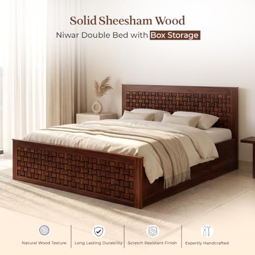 Image of WOODLAB Furniture Solid Sheesham Wood Niwar King Size Bed with Box Storage Wooden Double Bed Furniture Palang for Bedroom Living Room Home (Honey Finish)