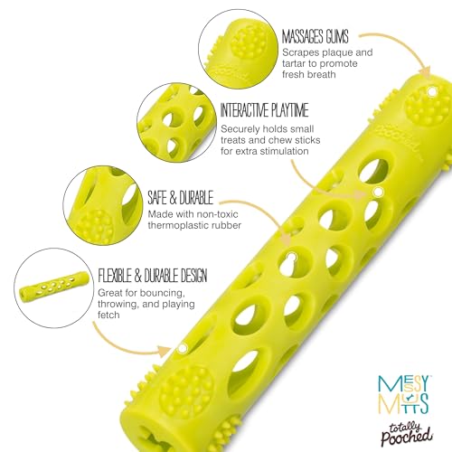 Messy Mutts Totally Pooched Huff'n Puff Stick | 10” x 2” TPR Puzzle Stick for Dogs | 2-in-1 Durable Interactive Toy and Tooth Cleaner | Green